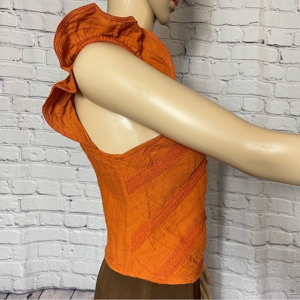 Free People Rust Orange Riviera Ruffled Square-Neck Button Front Crop Top - Picture 4 of 9